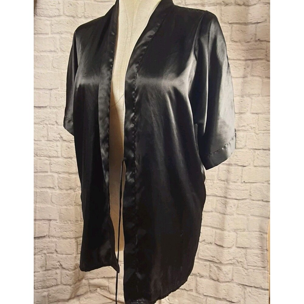 Fredericks of Hollywood black satin kimono short robe lingerie Small Pockets
